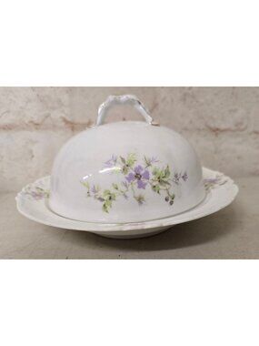Antique Ceramic Covered Butter Dish Purple Floral Design Perforated Insert Plate